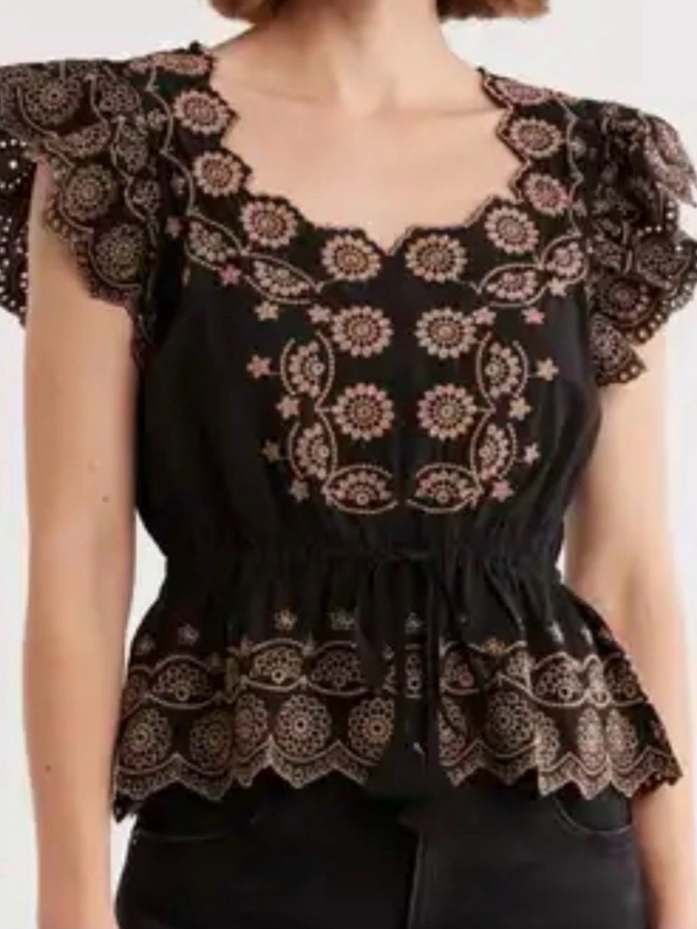 Democracy NWT Embroidered Eyelet Flutter Sleeve Peplum Blouse Large